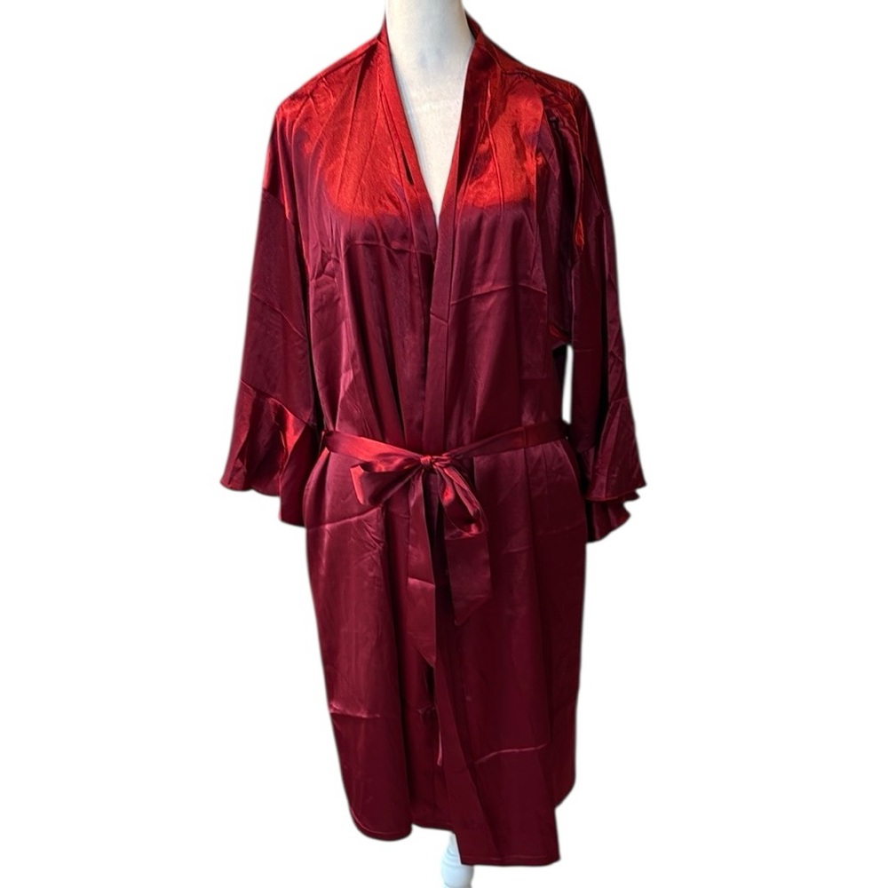 NWT Ekouaer Satin Robe with Belt Bell Sleeves Burgundy XL